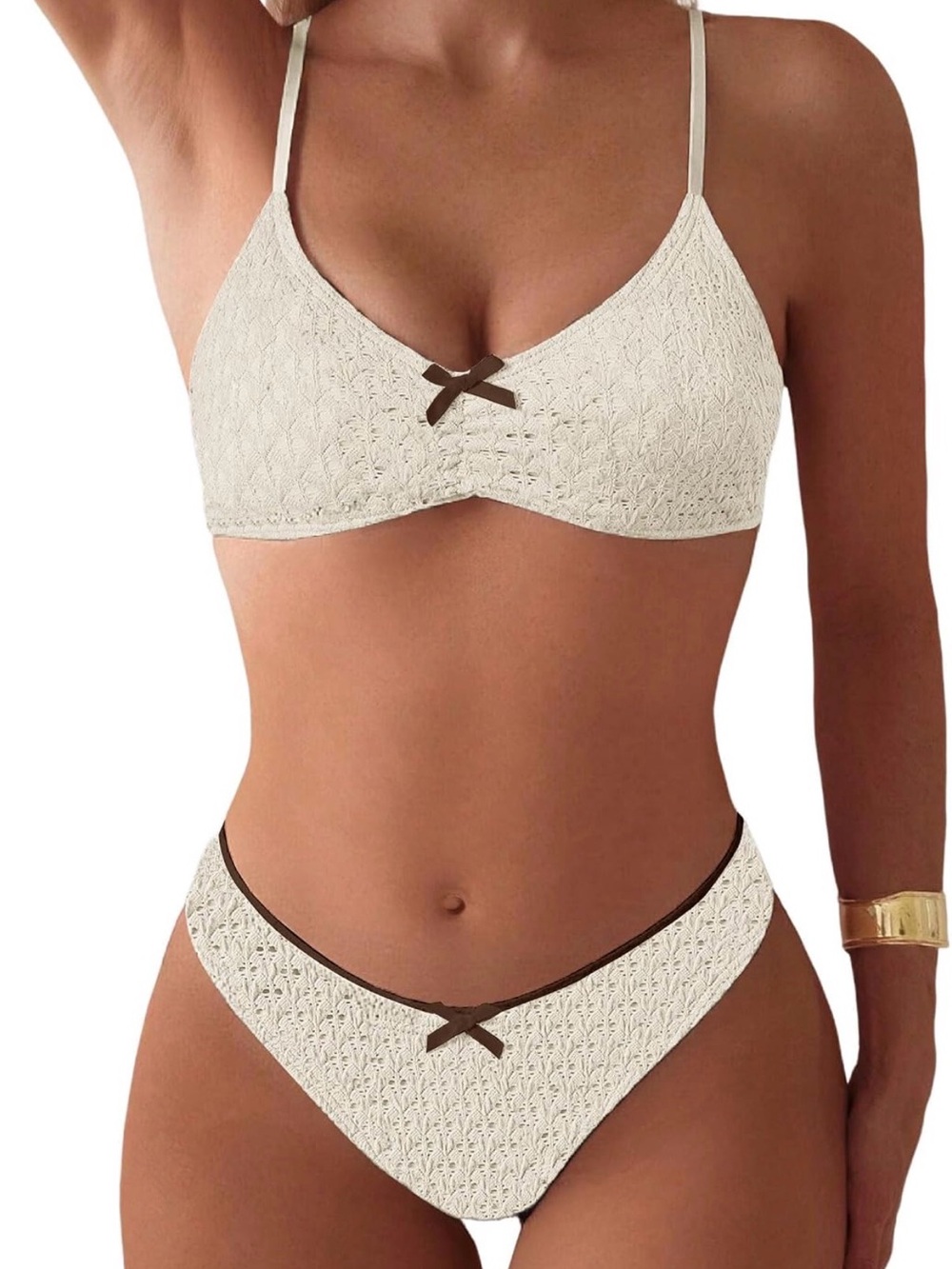 Zaful Cream Knit Bikini Set with Brown Trim View 2